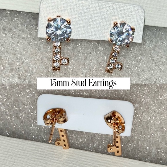 18kt Gold Simulated Diamond Paved Petite Key Stud Earrings - Picture 2 of 2